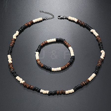 Bohemian Style Coconut Shell with Synthetic Turquoise Rondelle Beaded Necklaces & Bracelets Sets FS-WG8D889-01-1