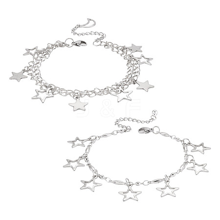 2Pcs 304 Stainless Steel Star Charm Bracelets BJEW-TADJ00003-1