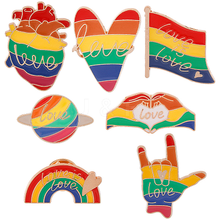 SUNNYCLUE 7Pcs 7 Style Rainbow Color Pride Flag Word Love Enamel Pin JEWB-SC0001-25-1