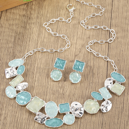 Flat Round & Oval & Square Zinc Alloy Enamel Pendant Necklaces & Stud Earrings Sets WG42338-03-1