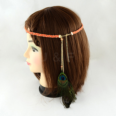 Woman's Dyed Feather Braided Suede Cord Headbands OHAR-R184-05-1