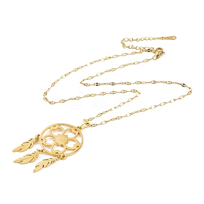 Woven Net/Web with Feather 201 Stainless Steel Boho Pendant Necklaces for Women NJEW-G087-04G-1