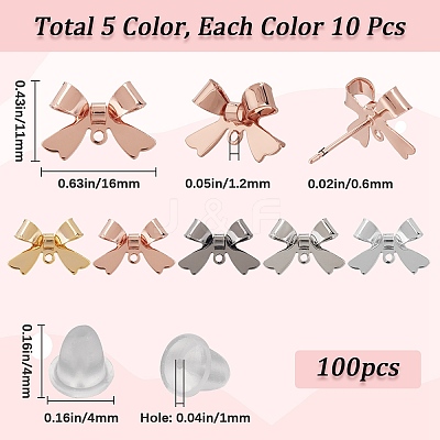 50Pcs 5 Colors Bowknot Brass Stud Earring Findings KK-SP0001-47-1