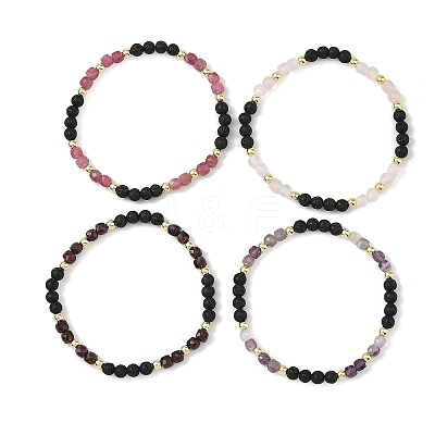 4Pcs 4 Styles Natural Mixed Stone Faceted Cube and Round Natural Lava Rock Beaded Stretch Bracelets for Women BJEW-JB14250-02-1