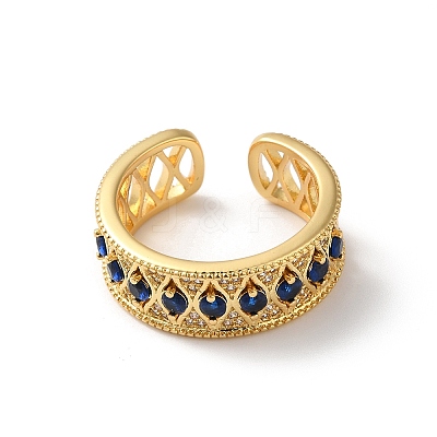 Horse Eye Brass Micro Pave Marine Blue Cubic Zirconia Cuff Rings RJEW-P088-04G-1