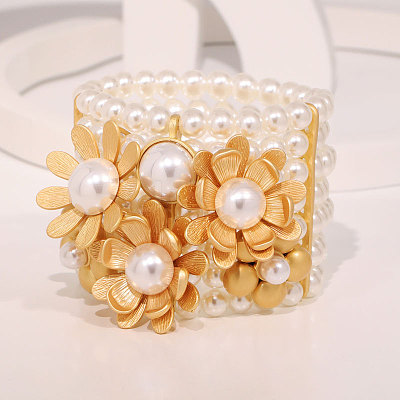 Flower Alloy & ABS Plastic Pearl Bangles for Women FS-WG764D9-01-1
