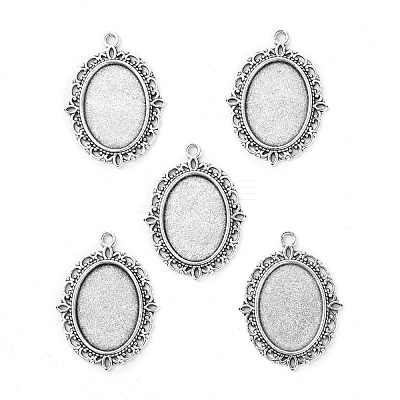 Tibetan Style Antique Silver Alloy Flat Oval Pendant Cabochon Settings TIBEP-M022-19AS-1