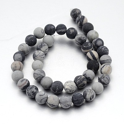 Frosted Round Natural Black Silk Stone/Netstone Bead Strands G-J276-65-10mm-1