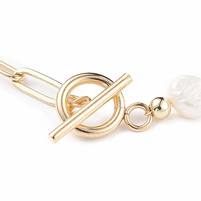 Natural Pearl Beaded Bracelet with Brass Paperclip Chains for Women BJEW-JB07920-01-1