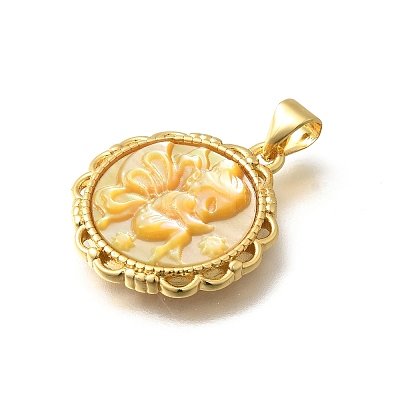 Brass with Natural Shell Carved Pendants KK-Z091-07G-03-1