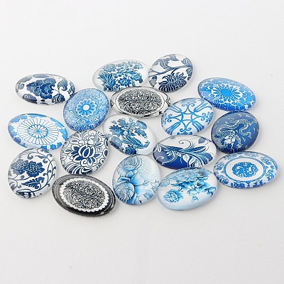 Blue and White Floral Theme Ornaments Glass Oval Flatback Cabochons GGLA-A003-13x18-YY-1