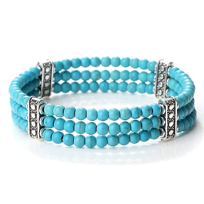Round Synthetic Turquoise & Alloy Multi-Strand Beaded Stretch Bracelets for Women Men GQ0306-9-1