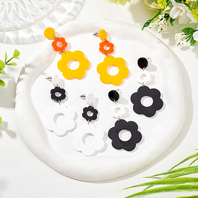 3 Pairs 3 Colors Acrylic Flower Dangle Stud Earrings EJEW-AN0001-36-1