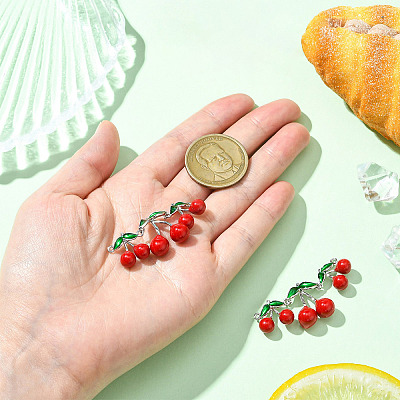 2Pcs Brass Red and Green Enamel Cherry Connector Charms KK-CJ0003-50-1