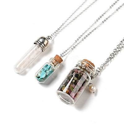 3Pcs 3 Styles Glass Wishing Bottle Pendant Necklaces NJEW-FS0001-02-1