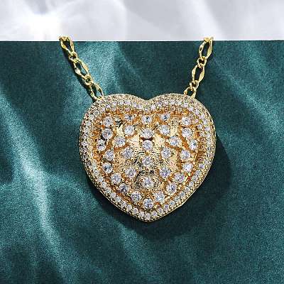 Brass Pave Clear Cubic Zirconia Heart Pendant Necklaces for Women NJEW-K381-07B-G-1