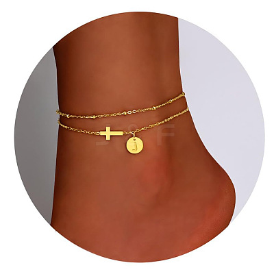 Brass Sideways Cross Link Anklets with Flat Round Initial Charms FS-WG12DAA-08-1
