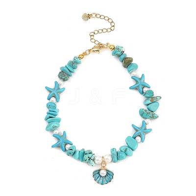 3Pcs 3 Styles Zinc Alloy Enamel Shell Shape Charm Round Shell Pearl & Dyed Synthetic Turquoise Starfish & Magnesite & Opalite & Natural Rose Quartz Chip Beaded Anklets AJEW-AN00735-1