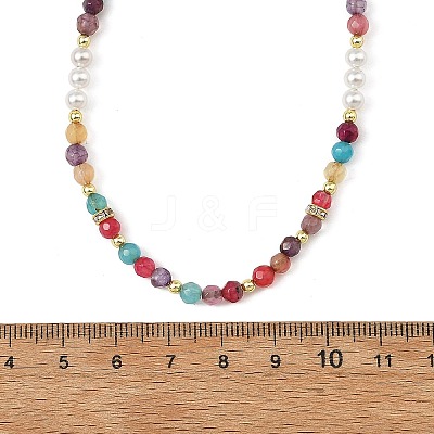 Natural Agate(Dyed & Heated) Faceted Round & White Round Shell Pearl Beaded Necklaces NJEW-JN06548-1