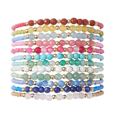 12Pcs Glass Seed Bead & Natural Mixed Gemstone Beads Bracelets for Women BJEW-MZ00311-1