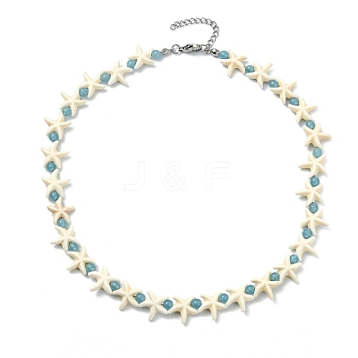 Ocean Synthetic Turquoise Starfish and Dyed Round Natural White Jade Beaded Necklaces NJEW-JN06201-1