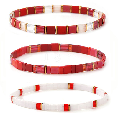 Handmade Red and White Glass Beaded Stretch Tile Bracelet Sets MA5695-1