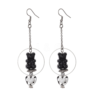 Acrylic Bear & Lampwork Heart Dangle Earrings EJEW-JE05416-01-1
