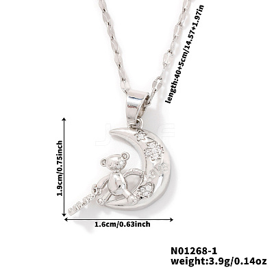 Brass Pave Clear Cubic Zirconia Shiny Cute 3D Bear Moon Pendant Necklaces for Women XT3479-1-1