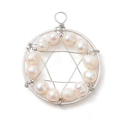 Natural Cultured Freshwater Pearl Round Beaded Ring Pendants PALLOY-JF02617-02-1