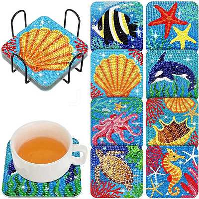 DIY Marine Animal Theme Diamond Painting Square Wood Cup Mat Kits DIY-H163-04-1