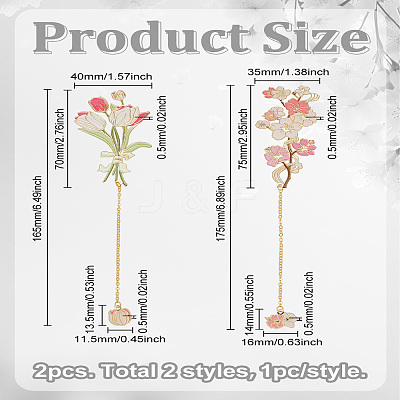2Pcs 2 Styles Brass & Iron Enamel Flower Bookmarks with Chain AJEW-LP0005-86A-1