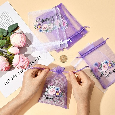 20Pcs Thank You Flower Printed Organza Drawstring Bags OP-YW0001-04A-1