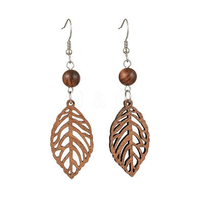 Leaf Natural Walnut Wood Dangle Earrings for Women EJEW-JE06101-01-1