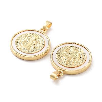 Rack Plating Brass Pave Shell Flat Round Pendants KK-C063-17G-1