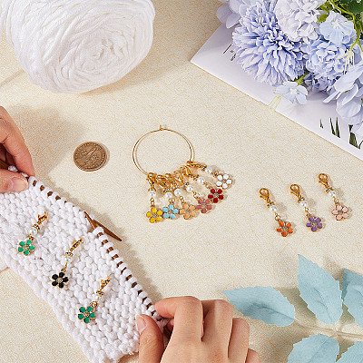 24Pcs 12 Colors Flower Alloy Enamel Pendant Locking Stitch Markers HJEW-SC00030-1
