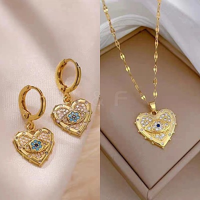 Heart with Eye Pattern 304 Stainless Steel Micro Pave Cubic Zirconia Pendant Necklace & Hoop Earrings Sets FS-WGB58AC-03-1