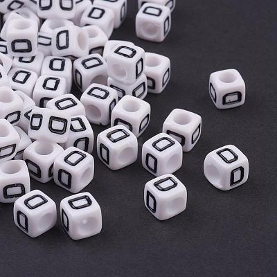 White Letter D Cube Acrylic Beads X-PL37C9308-D-1