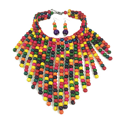 Bohemian Style Wood Round Beaded Pendant Necklaces & Dangle Earrings Sets FS-WG26D1A-01-1