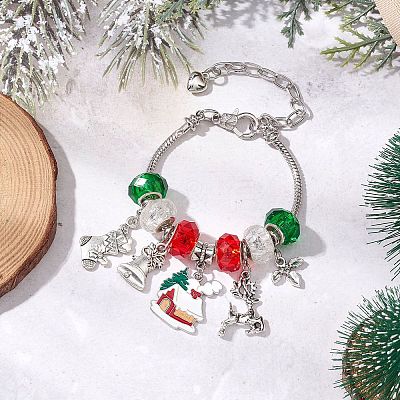 Christmas Theme Glass & Alloy European Beads Bracelets for Women BJEW-JB11198-04-1