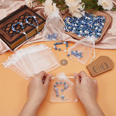50Pcs Plastic Imitation Pearl and Porcelain Round Link Metal Virgin Cross Charm Rosary Bracelets BJEW-WA0001-07A-1