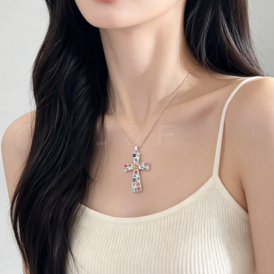 Alloy Rhinestone Enamel Floral Cross Pendant Necklaces for Women WGDC600-01-1