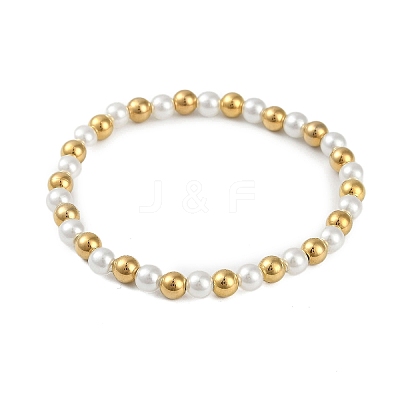 Ion Plating(IP) 304 Stainless Steel & Plastic Pearl Round Beaded Bracelets for Women BJEW-D046-01G-1