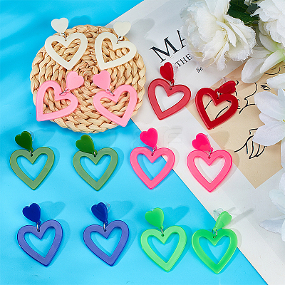 9 Pairs 9 Style Hollow Heart Acrylic Dangle Stud Earrings for Woman EJEW-AN0004-09-1