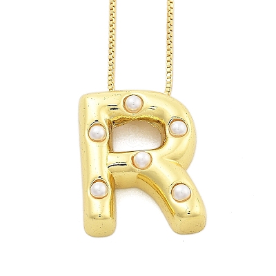 Brass & Plastic Pearl Letter Pendant Box Chain Necklaces for Women NJEW-U017-01G-18-1