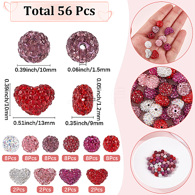 56Pcs Valentine's Day Themed Polymer Clay Pave Good Quality Rhinestone Beads RB-SC0001-20-1