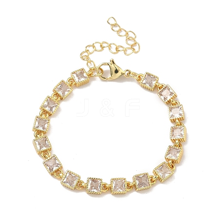 Square Brass Pave Cubic Zirconia Link Chain Bracelets for Women BJEW-P385-04G-07-1