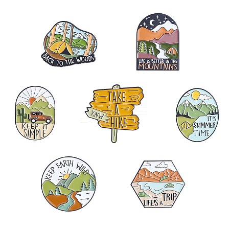 7Pcs 7 Style Outdoor Travel Word Enamel Pins JBR094A-1