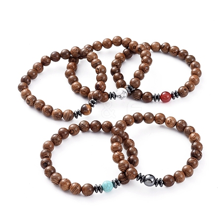  Jewelry Beads Findings Unisex Wood Beads Stretch Bracelets, with Natural & Synthetic Gemstone Beads, Non-Magnetic Synthetic Hematite Beads, 56mm