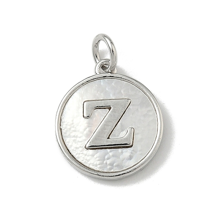 Brass Pave Natural Shell Flat Round with Letter Charms KK-Z115-13P-Z-1