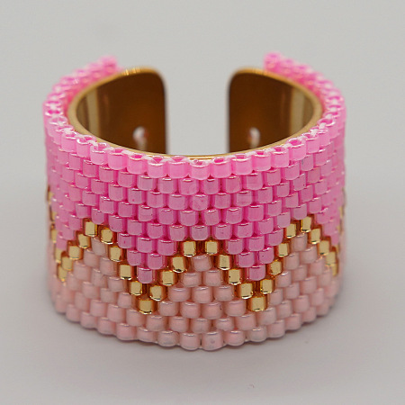 Adjustable Bohemian Style 304 Stainless Steel and Glass Seed Beads Cuff Rings FS-WG09053-11-1